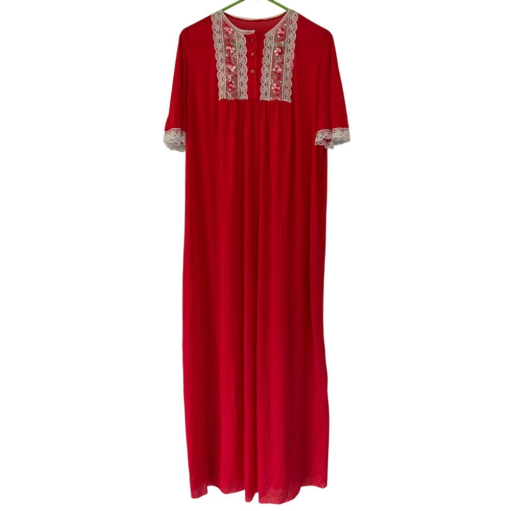Vintage Red Maxi Nightgown White Lace Floral Embroidered Romantic Lingerie M - Picture 2 of 8